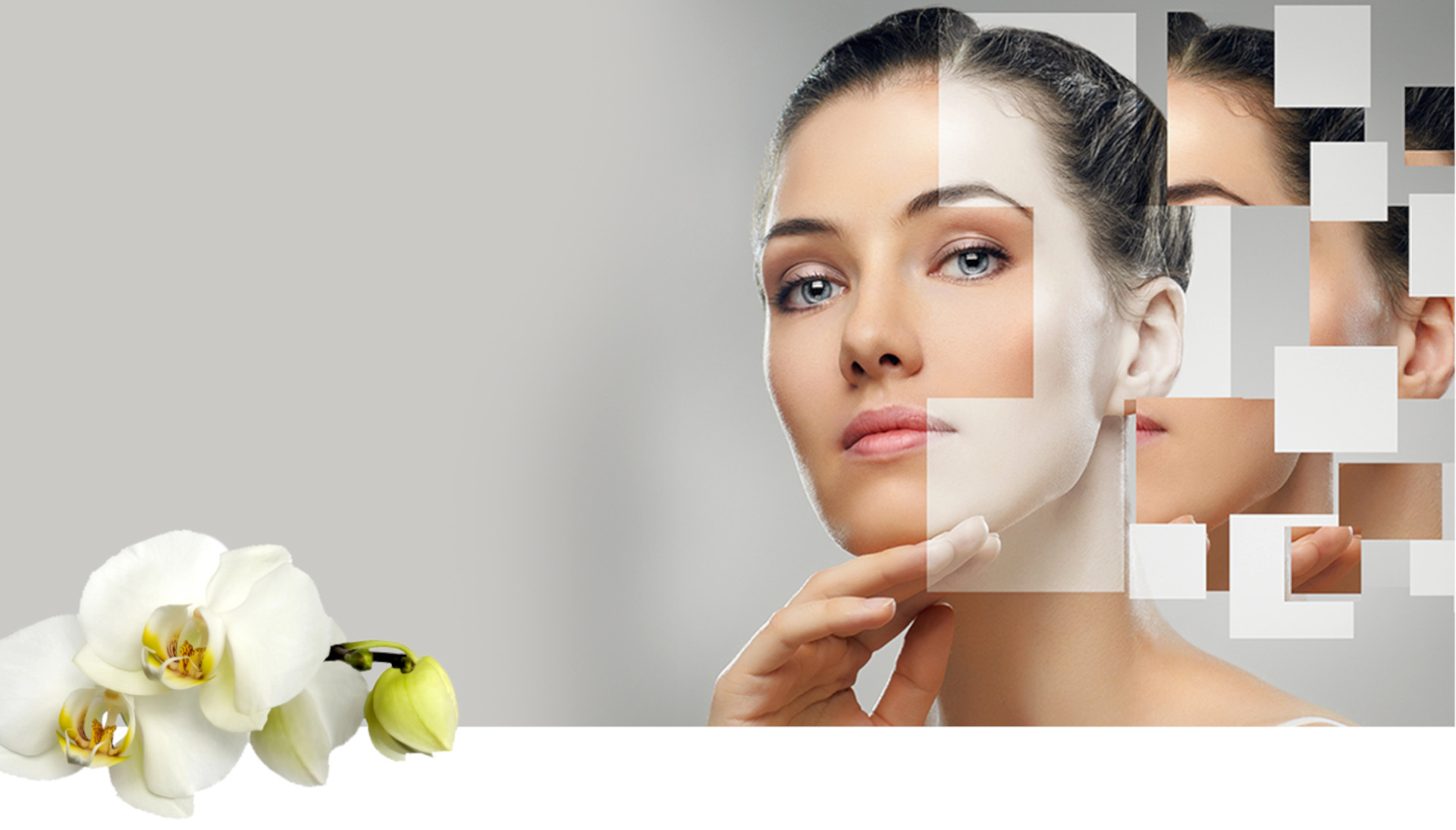 Soins esthétiques au Salon Esthétique Entre-Nous à Saint-Georges, en Beauce. Visuel illustrant la transformation et le rajeunissement de la peau grâce à des traitements professionnels, avec une touche d'élégance représentée par des orchidées blanches.