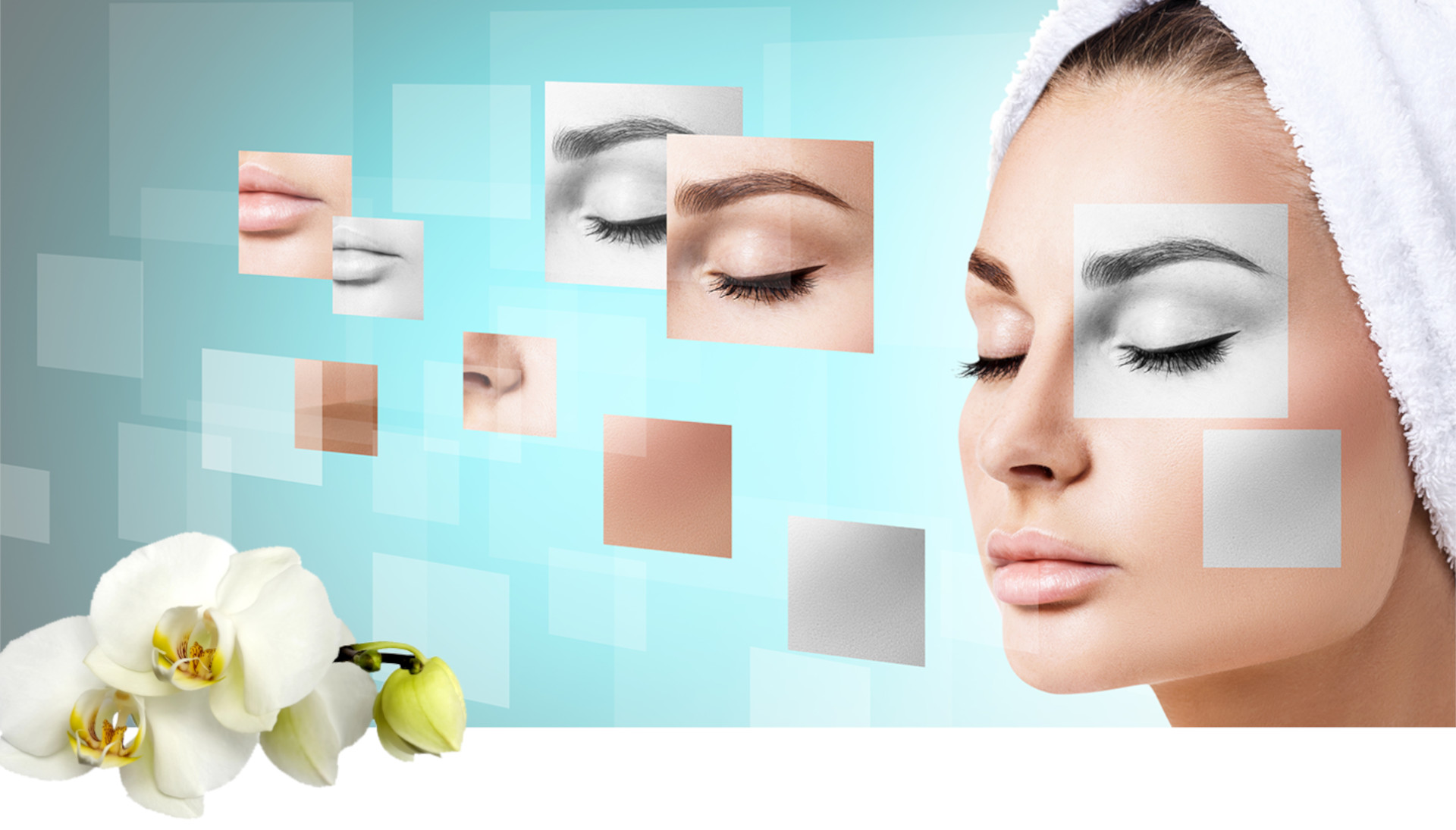 Soins esthétiques avancés au Salon Esthétique Entre-Nous à Saint-Georges, en Beauce. Illustration de la réjuvénation cutanée et des traitements de peau personnalisés, avec une femme aux yeux fermés symbolisant le bien-être, et des orchidées blanches évoquant l’élégance et la douceur des soins.