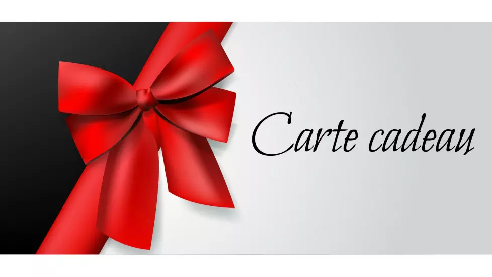 Carte cadeau du salon Esthétique Entre-Nous à Saint-Georges-de-Beauce, image élégante avec un fond noir et blanc et un grand ruban rouge noué, symbolisant un cadeau raffiné et une expérience à offrir.