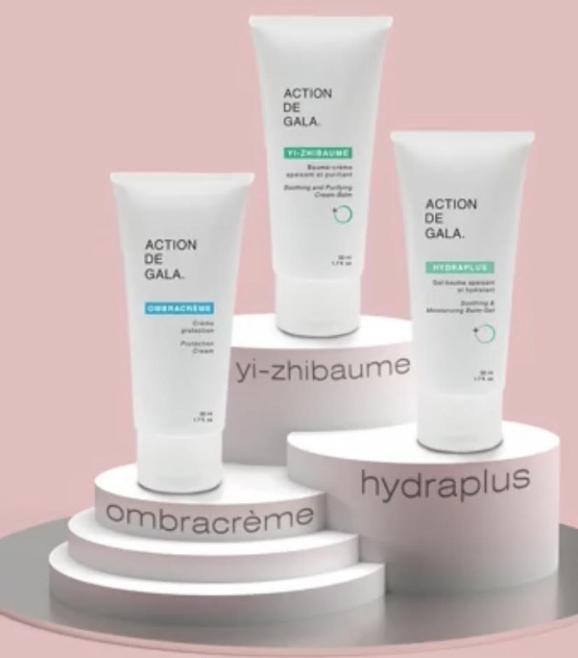 Produits de la marque Action de Gala disponibles au Salon Esthétique Entre-Nous à Saint-Georges, en Beauce. Gamme professionnelle de soins esthétiques haut de gamme pour l'hydratation, l'anti-âge, la régénération cutanée et le bien-être de la peau, adaptés à tous les types de peau.